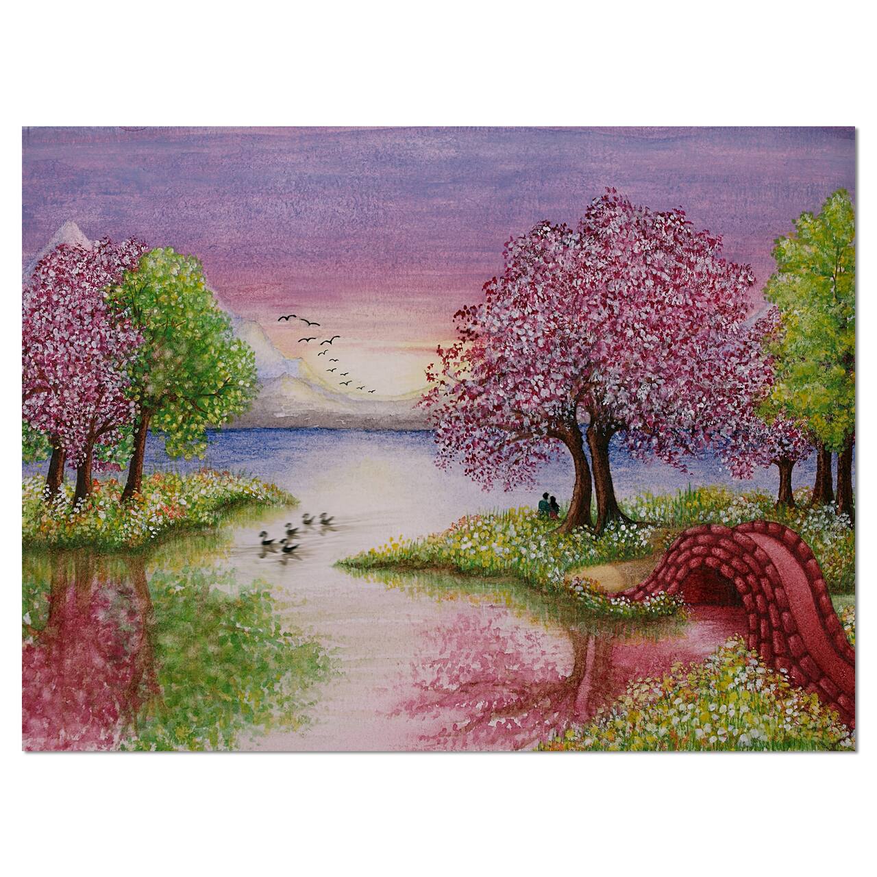Designart - Romantic Lake in Pink and Green - Extra Large Wall Art Landscape